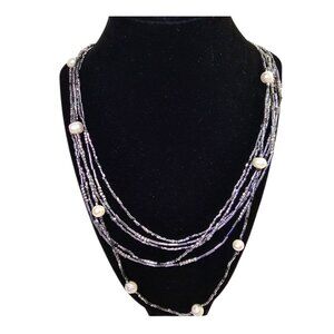J Jill Multi-Layered Black & Silver Necklace W/ Faux Pearls Adjustable Length NW